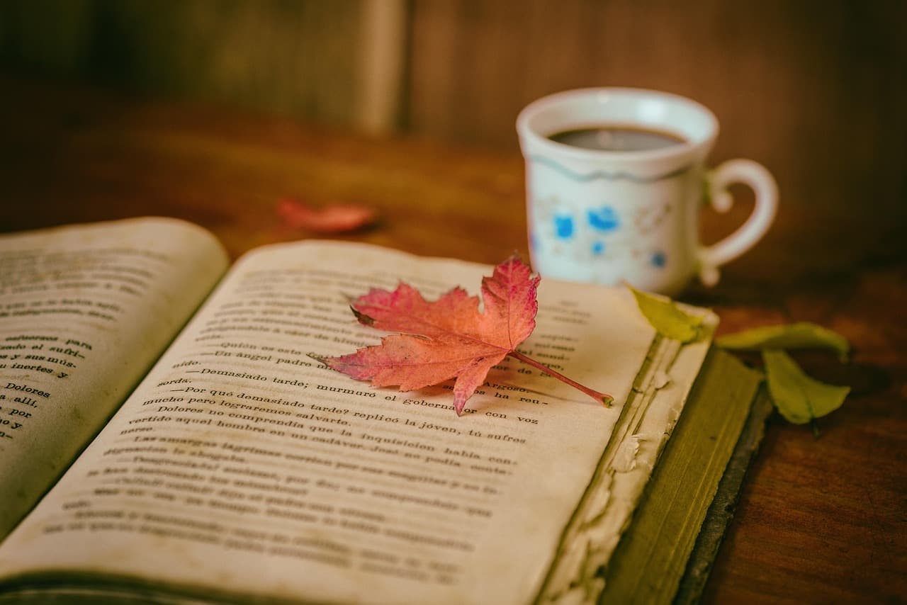 Buch mit aufgeschlagener Seite über Psychologie, daneben eine schwache Lampe und eine Tasse Tee